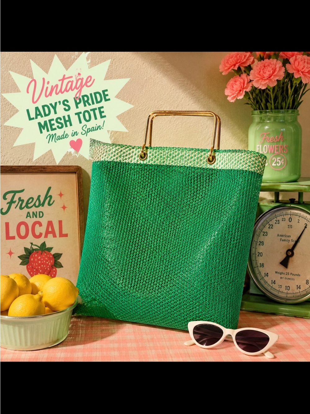 Vintage Lady’s Pride Green Mesh Tote Made in Spain Gold Metal Handles